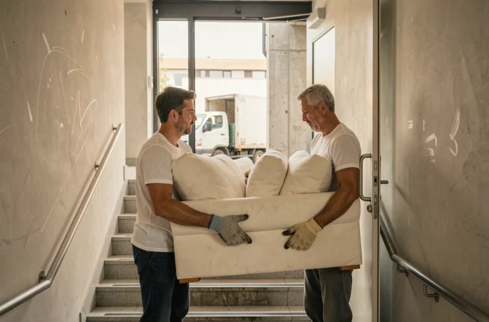 Deux déménageurs portant un canapé à travers l'entrée d'un immeuble lors d'un déménagement