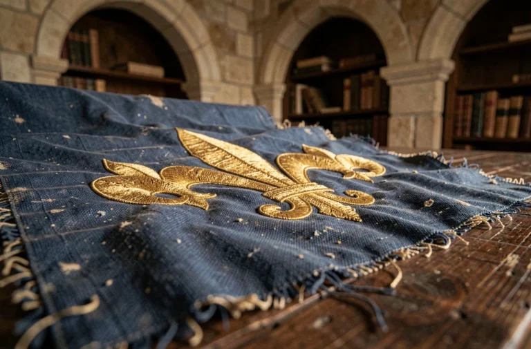 Détail en gros plan d'un drapeau royal français ancien avec fleurs de lys dorées brodées sur fond bleu azur, posé sur une table en chêne dans une chambre médiévale en pierre