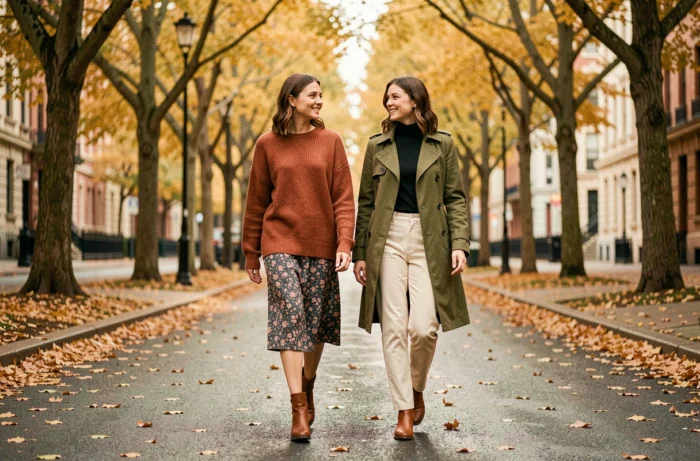 Deux femmes aux styles tendance automnaux marchant sous les arbres dans une avenue urbaine, mode saison et conseils vestimentaires