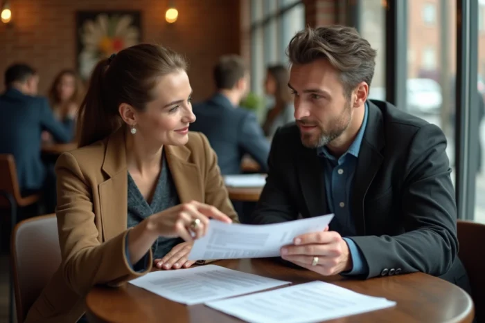 Deux personnes discutant d'un contrat de location autour d'une table dans un café urbain