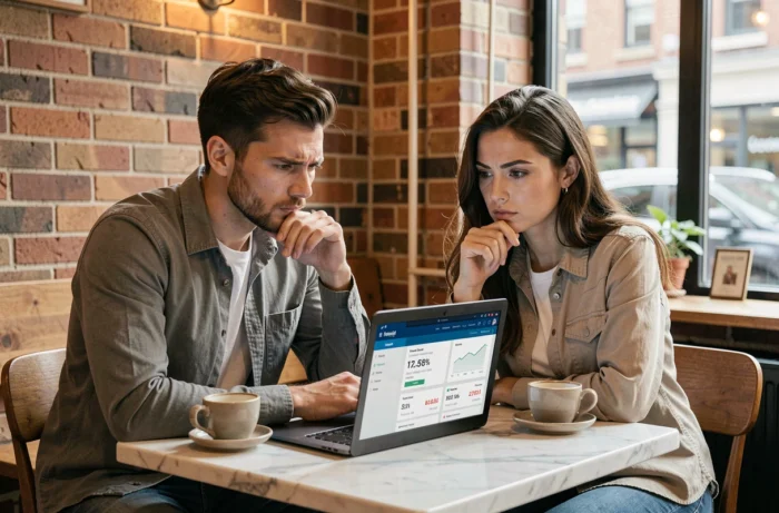 Deux collègues discutant de la fiabilité et de la réputation d'une plateforme en ligne dans un café urbain