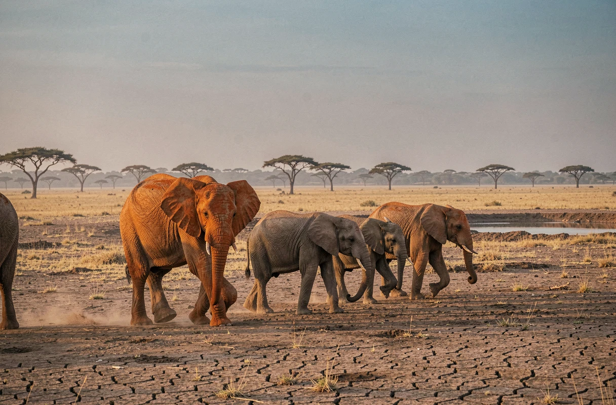 Groupe d'éléphants africains traversant une savane aride au crépuscule vers un point d'eau