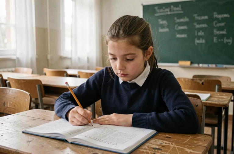 Collégienne de sixième qui souligne des classes grammaticales dans un cahier de français ouvert sur un bureau en bois