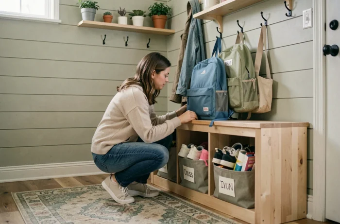 Femme organisant l'entrée de la maison avec des paniers et des crochets pour faciliter la routine quotidienne en famille
