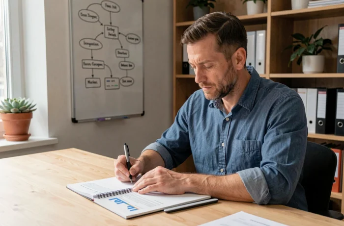 Entrepreneur adulte analysant des documents financiers dans un espace de coworking coopératif, avec tableau blanc et organisation visible en arrière-plan
