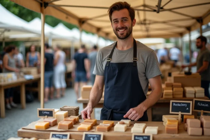 Jeune entrepreneur vendant des produits artisanaux faits maison sur un marché local avec un petit budget de démarrage