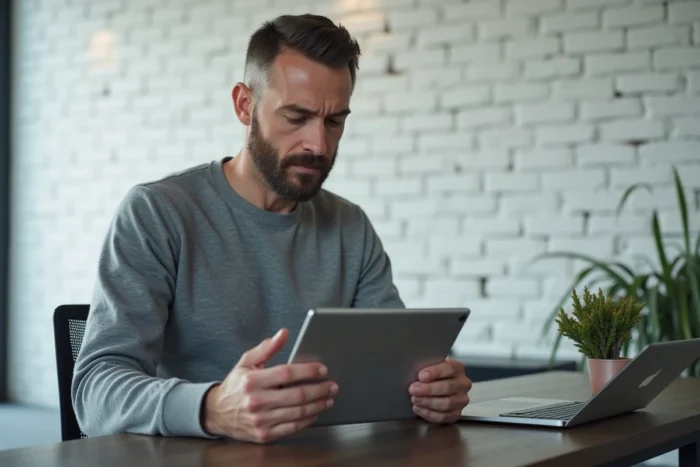 Entrepreneur examinant la refonte du site web de son entreprise sur une tablette dans un studio d'agence numérique
