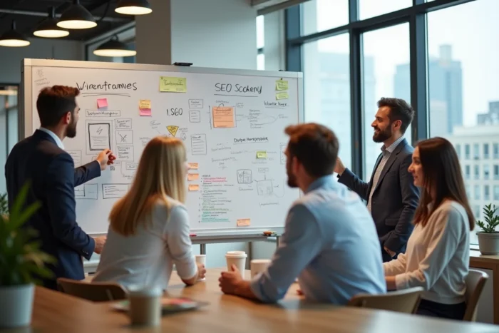 Équipe d'une agence web innovante en session de stratégie pour améliorer la visibilité d'une entreprise