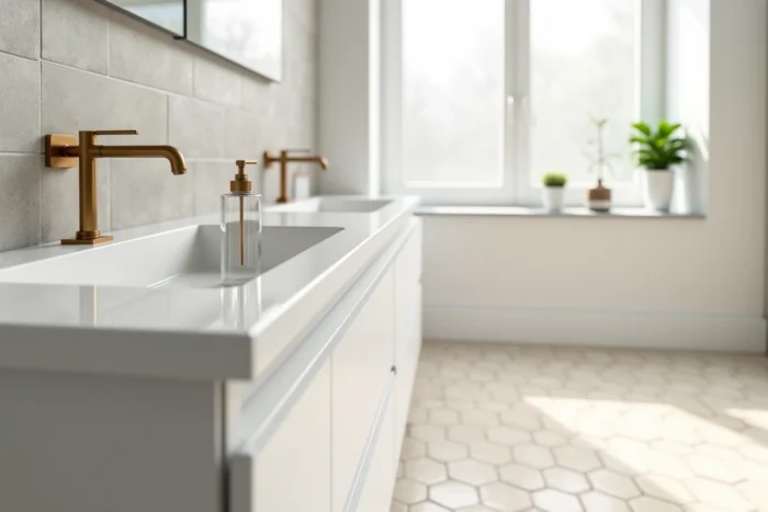 Vue d'ensemble d'une salle de bain avec le joint entre le plan vasque et le carrelage mural, outils de colmatage posés sur le comptoir
