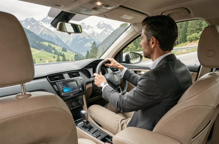 Homme testant une voiture d'occasion lors d'un essai routier sur une route de montagne en Suisse