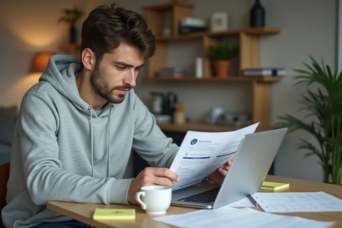 Étudiant consultant les documents de candidature pour l'université de Nantes dans son appartement