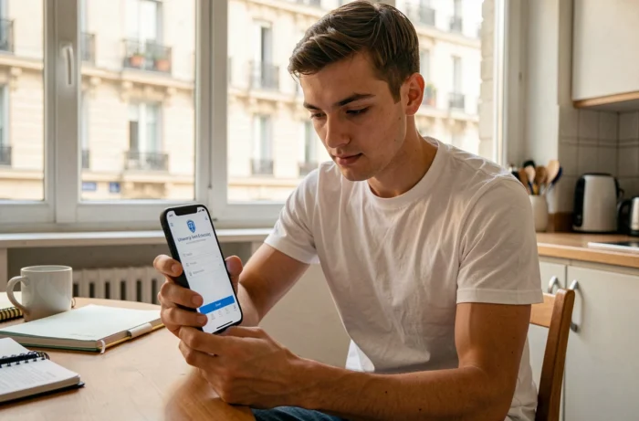 Étudiant consultant sa boîte mail de l'Université de Nantes sur smartphone depuis son appartement