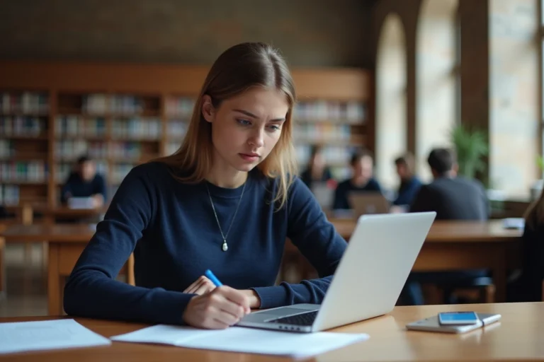 Étudiante remplissant un dossier de candidature en ligne sur eCandidat à la bibliothèque universitaire de Nantes