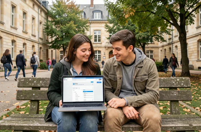 Deux étudiants consultant ensemble la messagerie de l'Université de Nantes sur un campus en plein air avant la rentrée