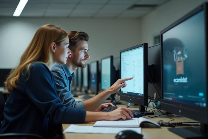 Deux étudiants collaborant sur une candidature eCandidat dans une salle informatique de l'université de Nantes