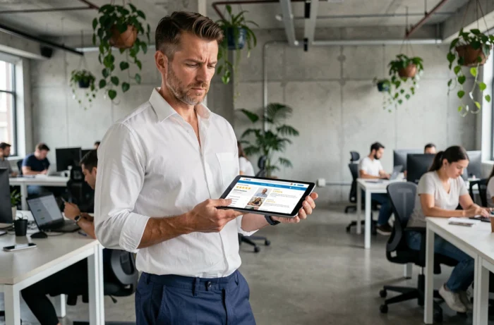 Homme d'affaires évaluant les avis utilisateurs d'une plateforme numérique sur une tablette dans un espace de coworking