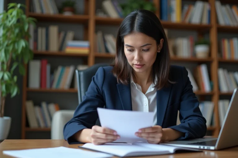 Femme adulte en formation continue lisant des documents professionnels dans un bureau moderne