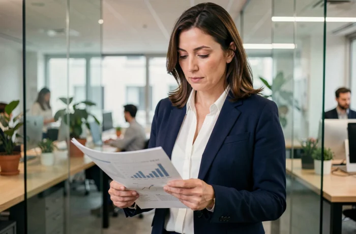 Femme d'affaires professionnelle analysant des documents stratégiques dans un bureau moderne pour booster son activité d'entreprise