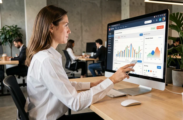 Femme professionnelle analysant des tableaux de bord SEO et des outils d'optimisation de présence en ligne sur un écran d'ordinateur dans un bureau moderne