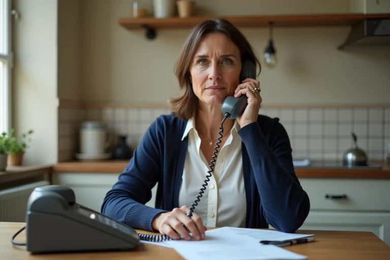 Femme au foyer appelant la Sécurité sociale par téléphone fixe depuis sa cuisine