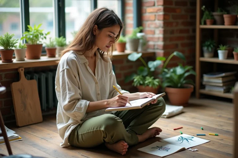 Femme assise sur un plancher en bois qui dessine dans un carnet de croquis dans un atelier artistique chaleureux à la maison