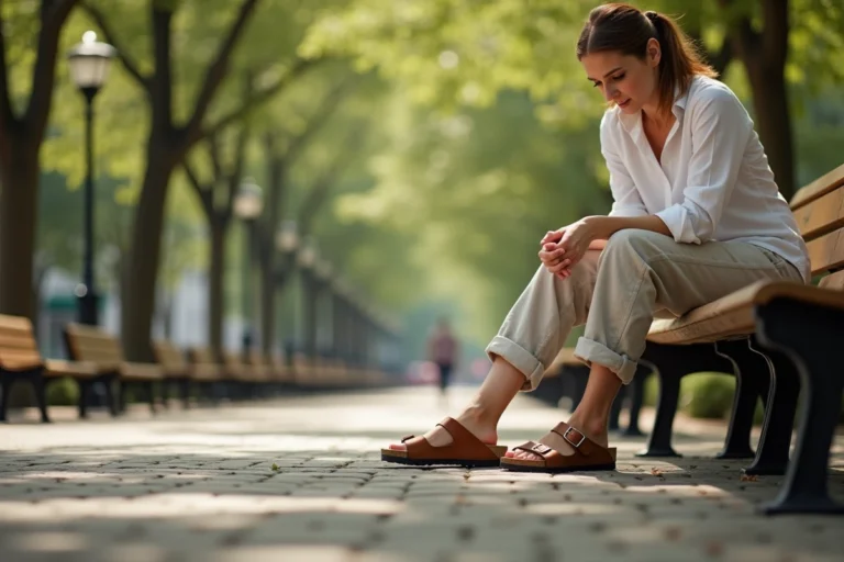 Femme portant des sandales Birkenstock Arizona en cuir tan assise sur un banc en bois dans un parc urbain, mettant en valeur le confort et le soutien de la voûte plantaire
