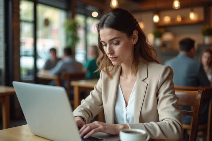 Femme consultant une plateforme professionnelle sur son ordinateur dans un café pour découvrir Tarbob