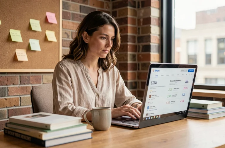 Femme consultant un classement en ligne sur un ordinateur portable dans un bureau moderne et organisé