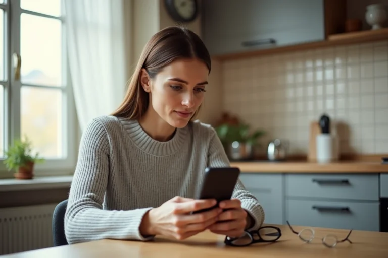 Femme consultant une notification de virement CAF sur son application bancaire Banque Postale depuis son smartphone