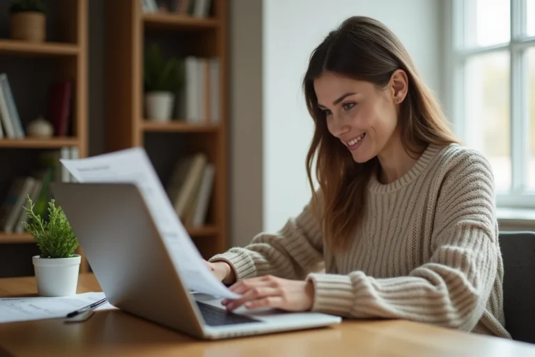 Femme consultant un contrat de location en ligne sur son ordinateur portable depuis son bureau à domicile