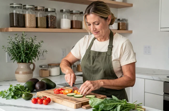 Femme préparant un repas sain et équilibré dans une cuisine moderne pour illustrer les astuces bien-être au quotidien
