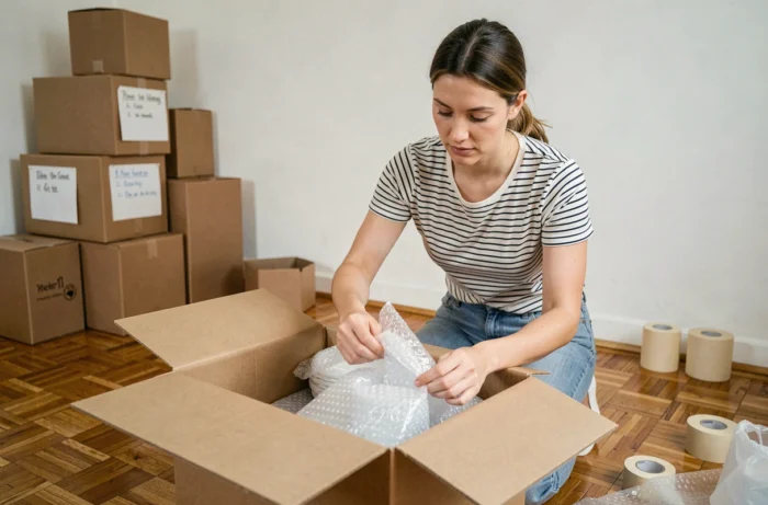Femme préparant des cartons de déménagement en emballant soigneusement des objets fragiles dans du papier bulle