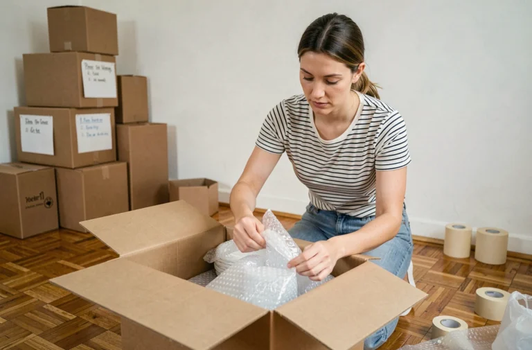 Femme préparant des cartons de déménagement en emballant soigneusement des objets fragiles dans du papier bulle