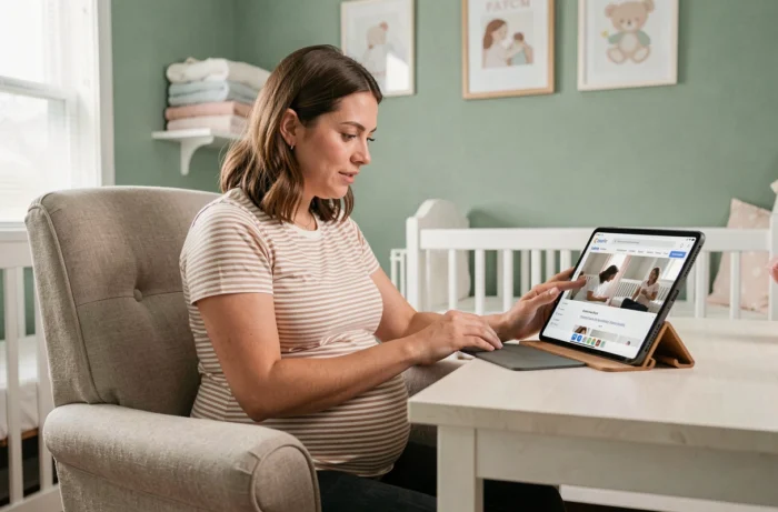 Femme enceinte assise dans un fauteuil de chambre de bébé consultant un site de ressources pour jeunes parents sur une tablette