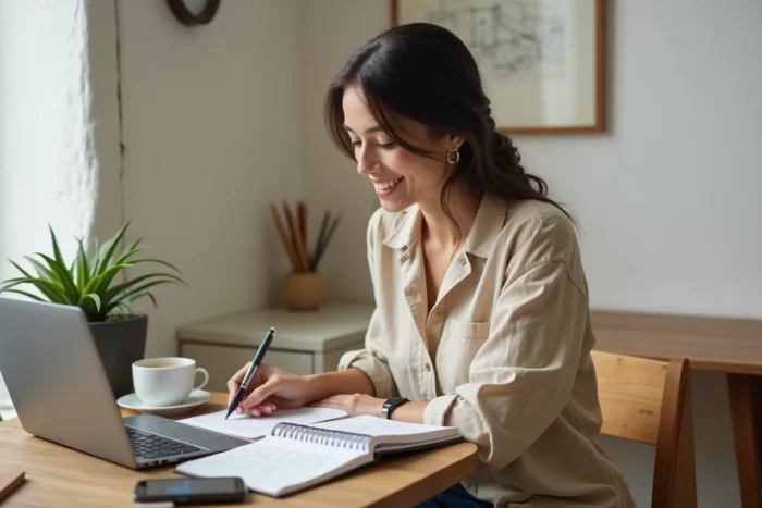 Femme entrepreneur planifiant son business à petit budget avec un carnet et un ordinateur portable à la maison