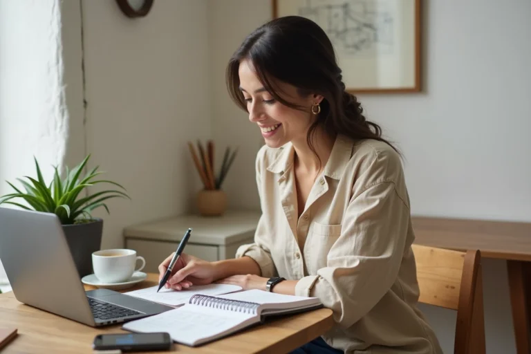 Femme entrepreneur planifiant son business à petit budget avec un carnet et un ordinateur portable à la maison
