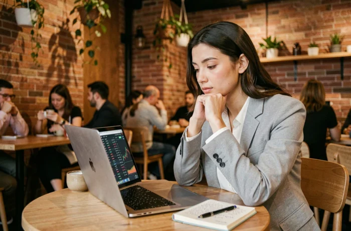 Jeune femme étudiant les bases du trading sur un ordinateur portable dans un café urbain avec des notes manuscrites