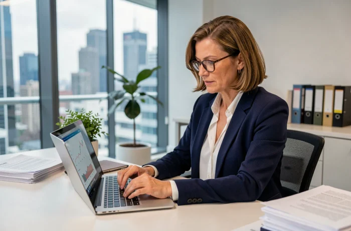 Femme cheffe d'entreprise analysant des documents financiers sur un ordinateur portable dans un bureau moderne vitré