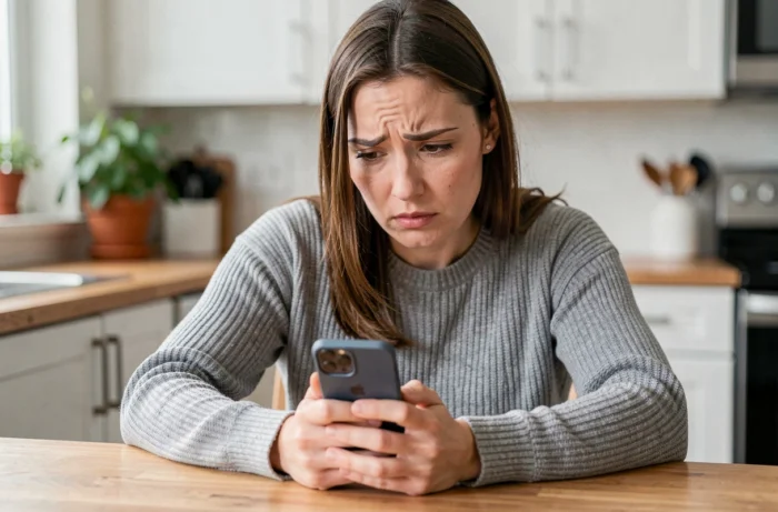 Femme consultant son smartphone pour identifier un numéro de téléphone inconnu