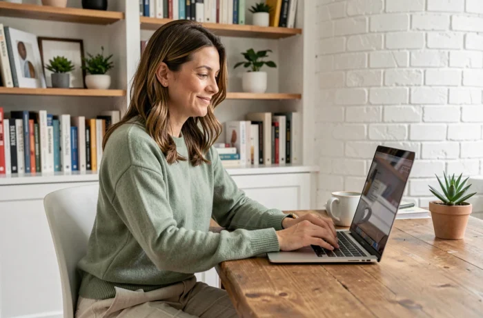 Femme travaillant seule en télétravail dans un bureau à domicile bien organisé, illustrant l'autonomie professionnelle
