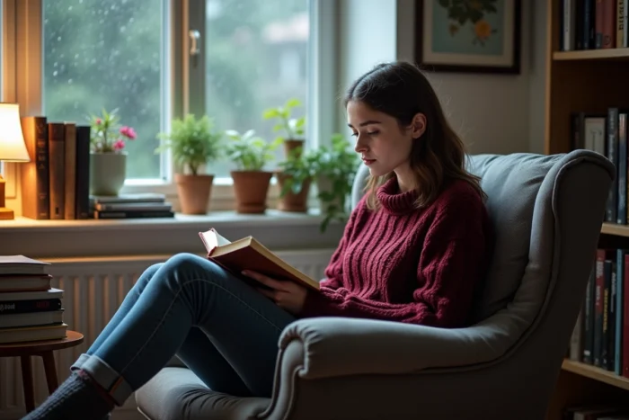Jeune femme lisant un livre dans un fauteuil confortable près d'une fenêtre sous la pluie avec un intérieur chaleureux et cosy