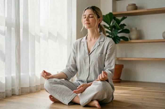 Femme pratiquant la méditation chez elle dans un intérieur minimaliste pour un bien-être quotidien
