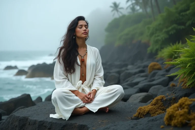 Femme en méditation spirituelle sur des rochers volcaniques enveloppés de brume tropicale, évoquant la mysticité de la Lémurie