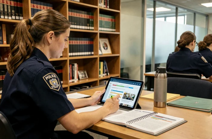 Femme policière étudiant sur tablette dans une bibliothèque de centre de formation policière