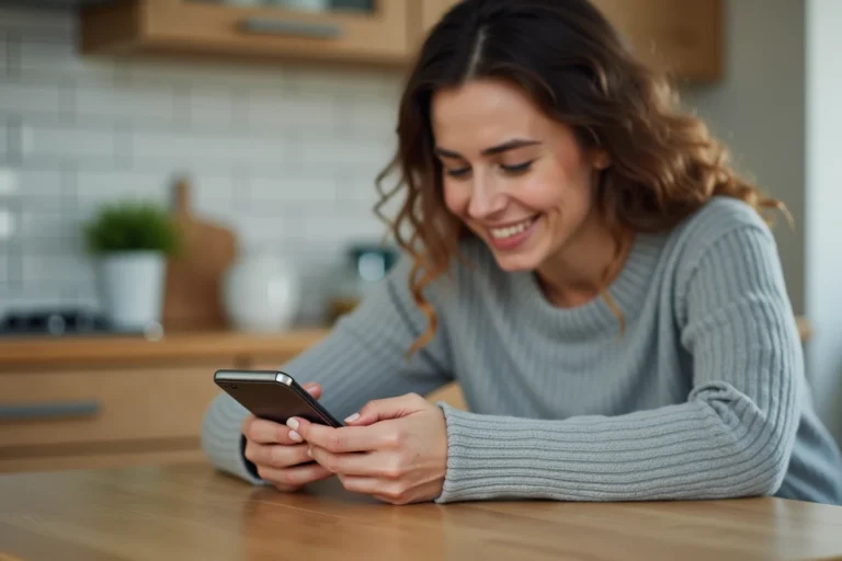 Femme rechargeant son forfait Réglo Mobile sur smartphone dans une cuisine moderne