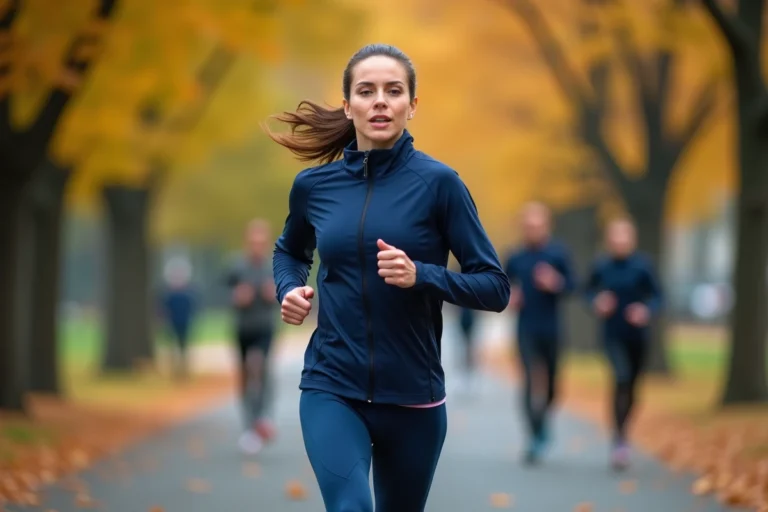 Femme sportive en tenue de running courant sur un sentier urbain bordé d'arbres en automne, tendances sport 2024