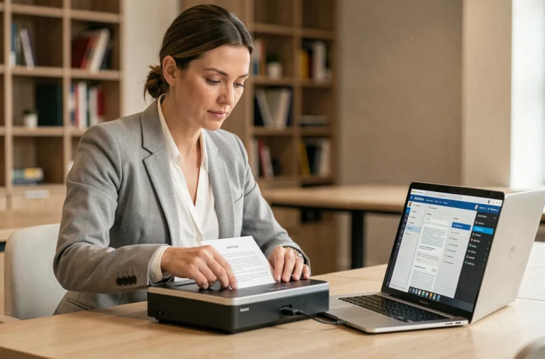 Femme professionnelle utilisant un scanner à plat pour numériser des documents dans un bureau moderne