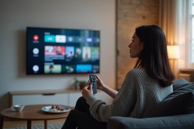 Femme regardant une interface de streaming sur sa télévision dans un salon parisien moderne