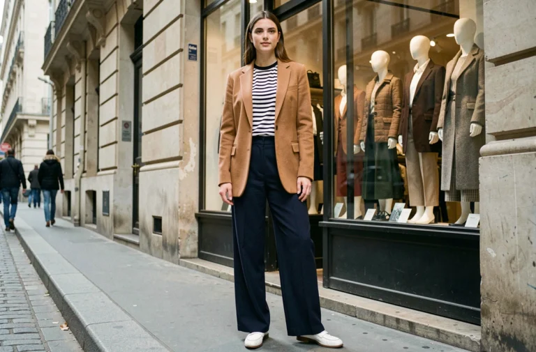 Femme élégante en blazer camel et pantalon large marine devant une boutique de mode parisienne, style tendance urbain