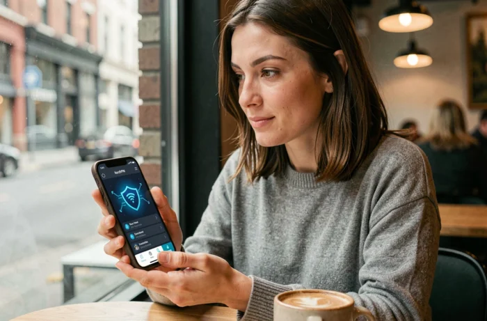 Femme consultant une application VPN sécurisée sur smartphone dans un café avec connexion Wi-Fi publique